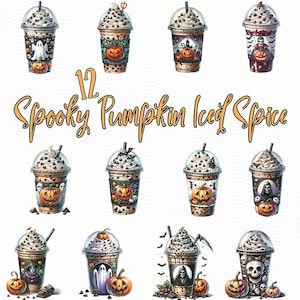 Halloween Coffee Clipart Set, Scary Gothic Watercolor Hot Drink Clipart Bundle, Spooky Season PNG Bundle, Pumpkin Designs Instant Download