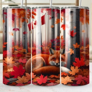 Fox Tumbler Wrap PNG, Canadian Autumn Forest 20oz Skinny Tumbler Sublimation Design, Cozy Woodland Animal Cup Wrap