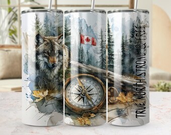 Canadian Landscape Tumbler Wrap: Wolf, Compass, Flag (Digital Download)