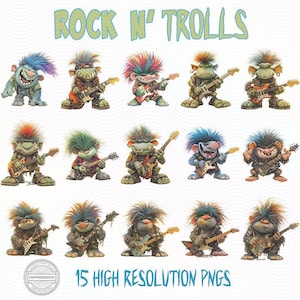 Rock N' Trolls Clipart Set PNG, Funny Troll Guitar Player Sublimation Graphics, 15 High Resolution Rock Star Troll PNGs, Commercial Use
