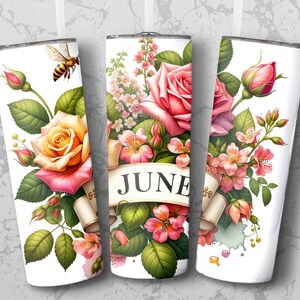 June Rose Birth Flower Tumbler Wrap | Sublimation PNG | 20oz Skinny Tumbler Wrap | June Birthday Gift for Her | Commercial Use | Free Mockup