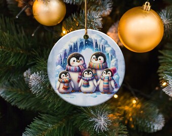 Cute Penguin Family Ornament Sublimation Design, Double Sided Christmas PNG, Arctic Baby Bird and Igloo Ornament Design, Commercial use
