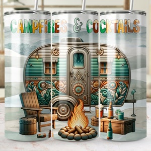 Campfires and Cocktails Tumbler Wrap, Retro Camper 20 oz Sublimation Design, Boho Camping PNG, Glamping Tumbler Wrap