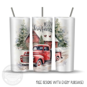Christmas Red Truck Tumbler Wrap: Vintage PNG Sublimation Design (20oz Skinny)
