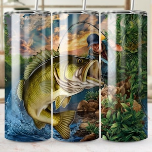 Bass Fishing Tumbler Wrap: Angler & Sunset Scene (PNG, Digital Download)