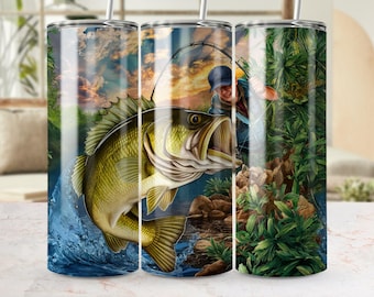 Bass Fishing Tumbler Wrap: Angler & Sunset Scene (PNG, Digital Download)