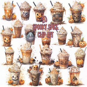 Pumpkin Spice Halloween Clipart, Spooky Fall Drink PNGs, Ghost Latte & Skeleton Frappe Sublimation Set, Commercial Use