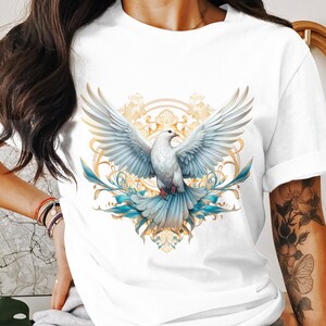 Elegant White Dove Sublimation PNG, Peace Bird T-Shirt Design for Sublimation, Ornate Blue Dove with Gold Filigree, Commercial Use