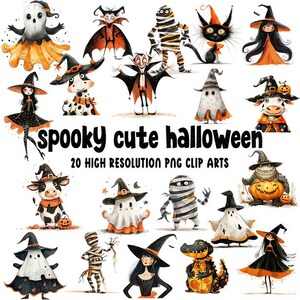 Spooky Cute Halloween Clipart Bundle, 20 PNG Halloween Characters for Sublimation, Cute Witch Ghost Cow Mummy Clip Art Set