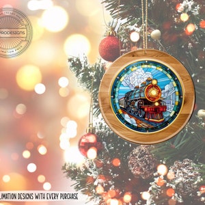 Stained Glass Steam Train Ornament: Wood Frame Sublimation PNG (12" Round)