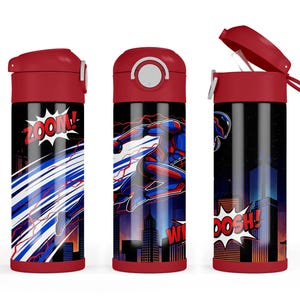 May include: Three insulated water bottles with red lids and bases. The black bottles feature superhero graphics and comic book sound effects. The bottles have a capacity of approximately 473 ml. The text "ZOOM!" and "DOSH!" are visible.
