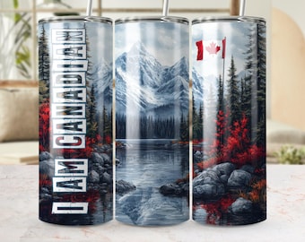 Canadian Pride Tumbler Wrap: Mountain Landscape, Canada Flag (PNG Digital Download)