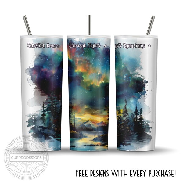 Aurora Borealis Night Sky 20 Oz Skinny Tumbler Sublimation Design, High Resolution Digital Download, Cuppro Gift Designs, Instant Download