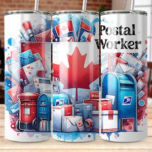 Postal Worker 20 oz Skinny Tumbler Wrap Sublimation Design, Cute Mail Carrier Letter Stamp Collage, Digital Download PNG