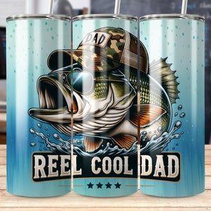 Reel Cool Dad Tumbler Wrap PNG, Big Bass Fishing Sublimation Design, 20oz Skinny Tumbler Wrap, Instant Download, Commercial Use