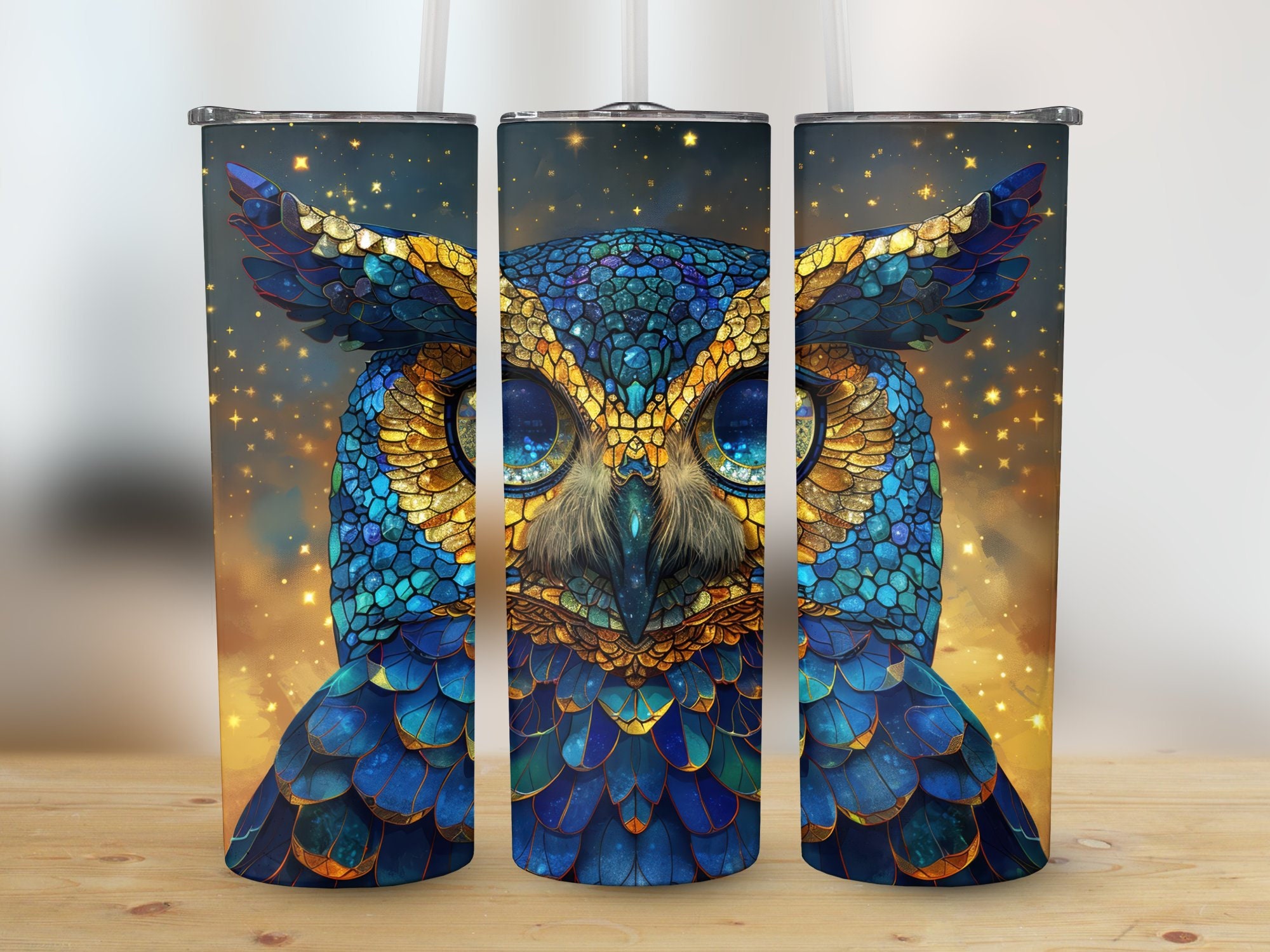 Mystical Owl Tumbler Wrap, Blue and Gold Owl 20 Oz Skinny Tumbler Sublimation Design, Starry Night A