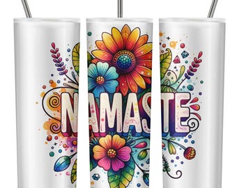 Namaste Tumbler Wrap, Boho Hippie 20oz Sublimation Design, Vibrant Yoga Flower PNG, Commercial Use