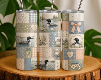 Loon Tumbler Wrap PNG, Patchwork Quilt Cottagecore Sublimation Design, 20 oz Skinny Tumbler Sublimation, Lake Life Cabin Digital Download