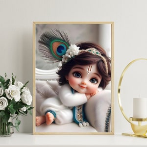 Niedliches Baby Krishna im weißen Kleid | Hohe Qualität | Jpeg| Png | SVG | Druck | Schenken |Wanddeko| Schwangerschaft | Posterrahmen |laddu Gopal