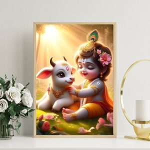 Nettes Baby Krishna spielt mit Kalb | Hohe Qualität | Jpeg| Png | SVG | Druck | Schenken |Wanddeko| Schwangerschaft | Posterrahmen |laddu gopal