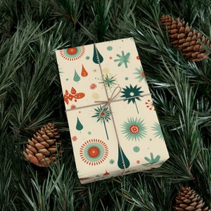 Retro Mid Century Modern Colorful Christmas Tree Ornaments, 1950's Wrapping Paper, Vintage Tree Baubles Gift Wrap, Holiday Paper
