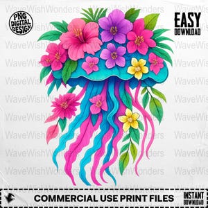 Floral Jellyfish PNG, Colorful Jellyfish Clipart, Ocean Png, Flower Jellyfish, Sublimation Png, Digital Download