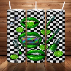 May include: Three stainless steel tumblers with white straws. The tumblers feature a black and white checkered pattern. The design includes green lips, lime slices, nail polish, and a cassette tape. Sparkling gems are scattered across the design.