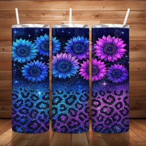 Glitter Leopard Sunflower 20oz Tumbler Wrap: Pink-Purple Floral PNG (Digital Download)
