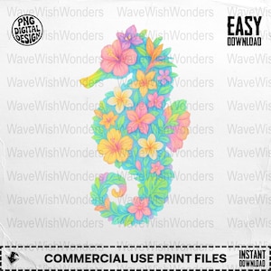 Floral Seahorse PNG, Flower Seahorse Clipart, Tropical Png, Summer Png, Boho Seahorse, Sublimation Png, Digital Download