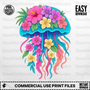 Floral Jellyfish PNG, Jellyfish Clipart, Flower Png, Ocean Png, Tropical Floral, Sublimation Png, Digital Download