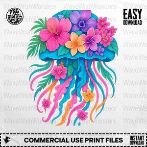 Floral Jellyfish png, Jellyfish Clipart, Ocean Png, Boho Flower Jellyfish, Sublimation Png, Digital Download, Digital, digital download png