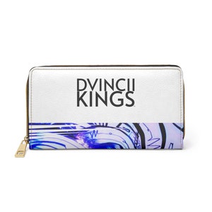 May include: White zippered wallet with a blue and white abstract design and the text "DVINCI KINGS" in black.