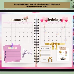 May include: A pink and white monthly planner with a calendar for January and a separate page for birthdays. The planner has a pink and white color scheme with a watercolor background. The planner has a to-do list, a gifts to buy list, and a "Don't Forget" section.