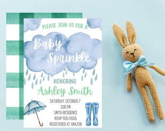 Baby Boy Sprinkle Shower Invitation Rain Rain boots Umbrella Watercolor Blue Green Digital Download Printable