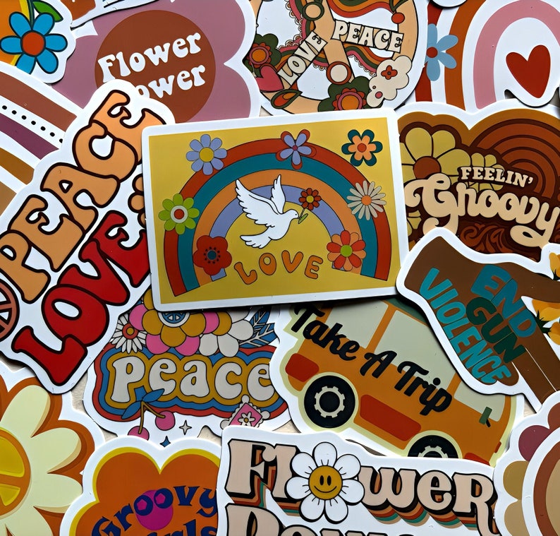 Mixed Colors 50 Sticker Pack Hippie Love Peace Blumen Flower Freedom Aufkleber für Skateboard Laptop Tablet Auto Gitarre image 1
