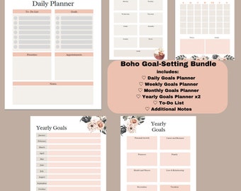 Boho Goal-Setting Bundle | Yearly + Monthly + Weekly + Daily Goal Planner | Printable Planner | Goal Journal | Goals Tracker