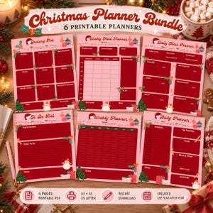 Peut inclure: Un ensemble de six planificateurs de Noël imprimables sur fond rouge et rose. Les pages comprennent une liste de courses, des planificateurs de repas hebdomadaires et quotidiens, une liste de tâches, ainsi que des agendas hebdomadaires et quotidiens.
