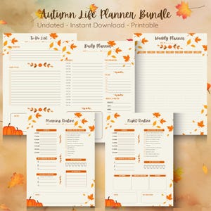 Puede incluir: Un paquete de planificadores Autumn Life que incluye cinco páginas imprimibles con diseños sin fecha. Cada página contiene secciones para listas de tareas, horarios diarios, planificación semanal, rutinas matutinas y nocturnas, decoradas con hojas de arce naranjas y amarillas y calabazas.