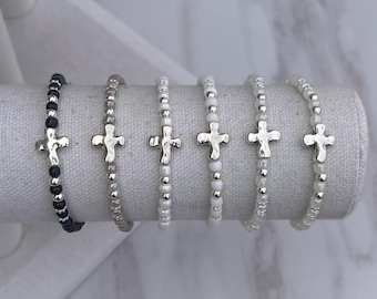 Seed Bead Cross Bracelet with Silver Accents | Stretch Faith Bracelet for Women or Kids