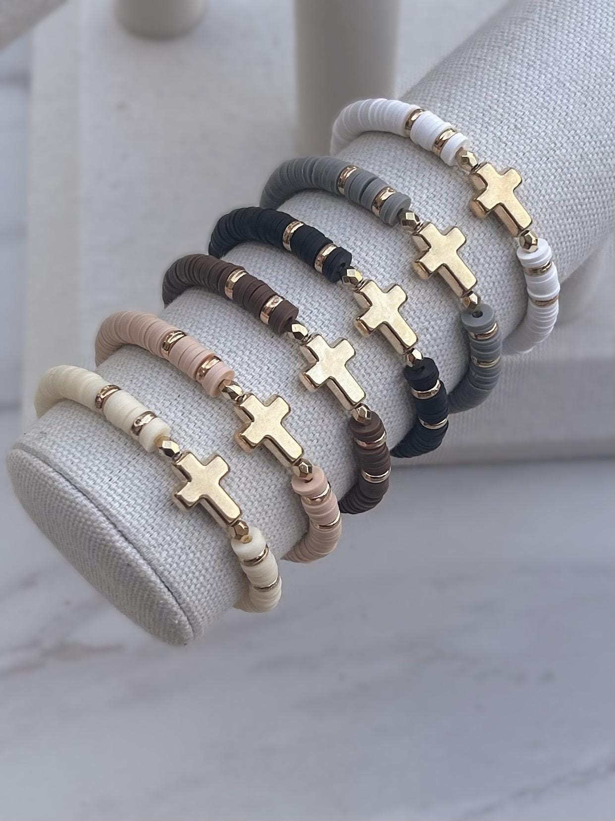 Heishi Bead Cross Bracelet With Gold Accents | Stretch Faith