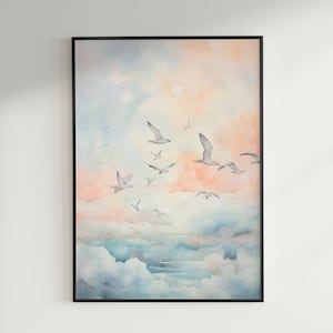Captivating watercolor painting that depicts a vibrant scene of several birds in flight against a backdrop of billowing clouds. Digital Art