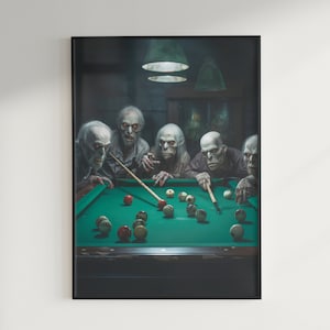May include: A group of four undead figures playing snooker in a dimly lit room. The figures are dressed in dark clothing and have pale skin. The snooker table is green felt with red and white balls. The figures are holding snooker cues and appear to be in the middle of a game.