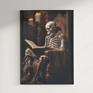 Skeleton Reading a good book, Halloween, Digital art, Wall Art, Poster Print
