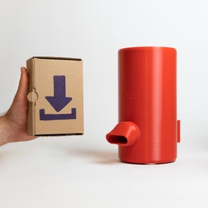 May include: A cardboard box with a purple download arrow icon and a red plastic object with a spout. The object is labelled "ZERO".