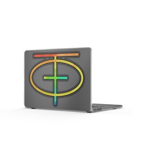 May include: A dark gray laptop featuring a large, centered graphic of a stylized symbol. The symbol consists of a horizontal bar above an oval shape with a cross inside, all rendered in a vibrant, multi-colored gradient of red, orange, yellow, green, and blue.