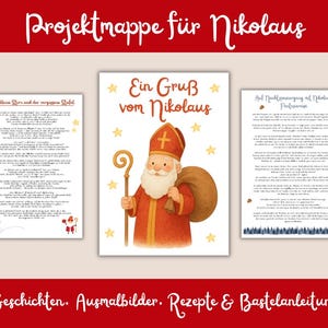 Può includere: Un progetto per San Nicola, con tre pagine con testo e illustrazioni. L'immagine centrale raffigura San Nicola con un bastone e un sacco. Il testo include le frasi "Un saluto da San Nicola" e "Storie. Pagine da colorare. Ricette e istruzioni per l'artigianato."
