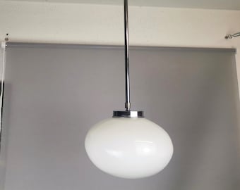 Art Deco white opaline milk glass oval shade hanging lamp