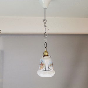 Small white opaline bell pendant lamp Dutch landscapes hanging light fixture