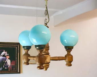 Modern Wooden chandelier Sputnik blue opal milk glass hanging lamp