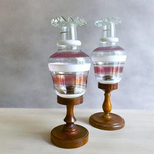 Pair Portuguese farmhouse rustic wooden bedside table lamps